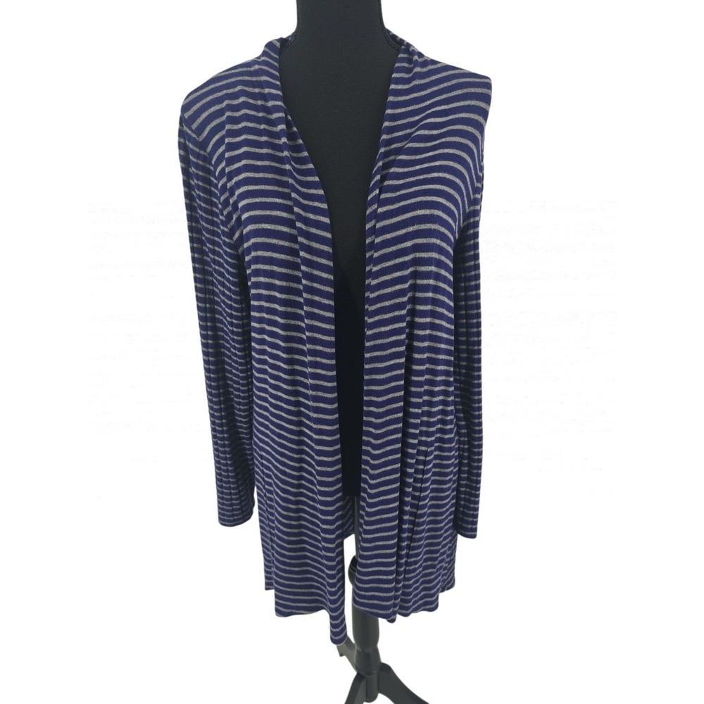 Chico's β Size 1X Cardigan Sweater Navy Blue Gray Stripe Lightweight Long